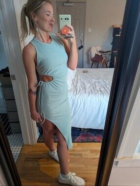 Sleeveless Mint Gray Side-Tie Midi Dress